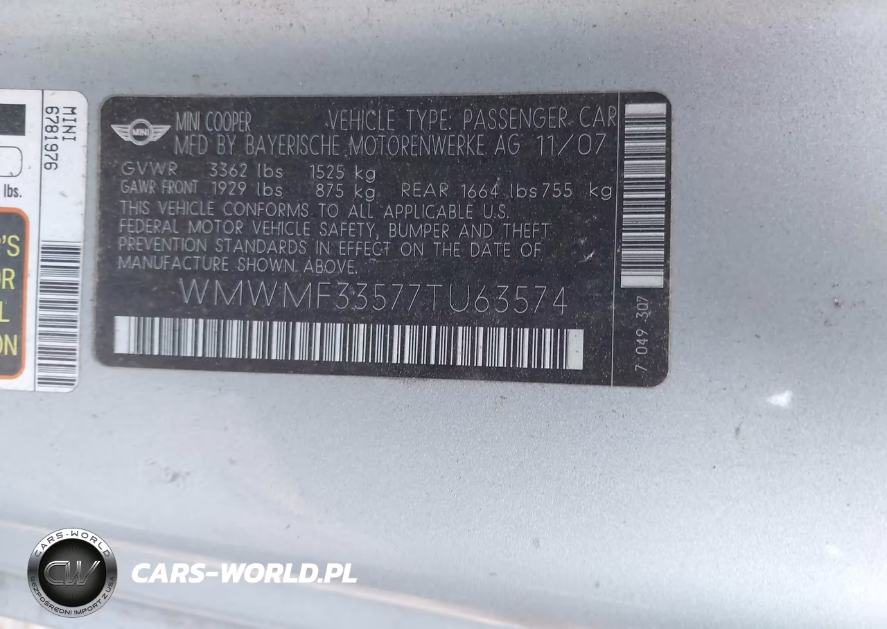 2007 Mini Cooper VIN:WMWMF33577TU63574 - 9