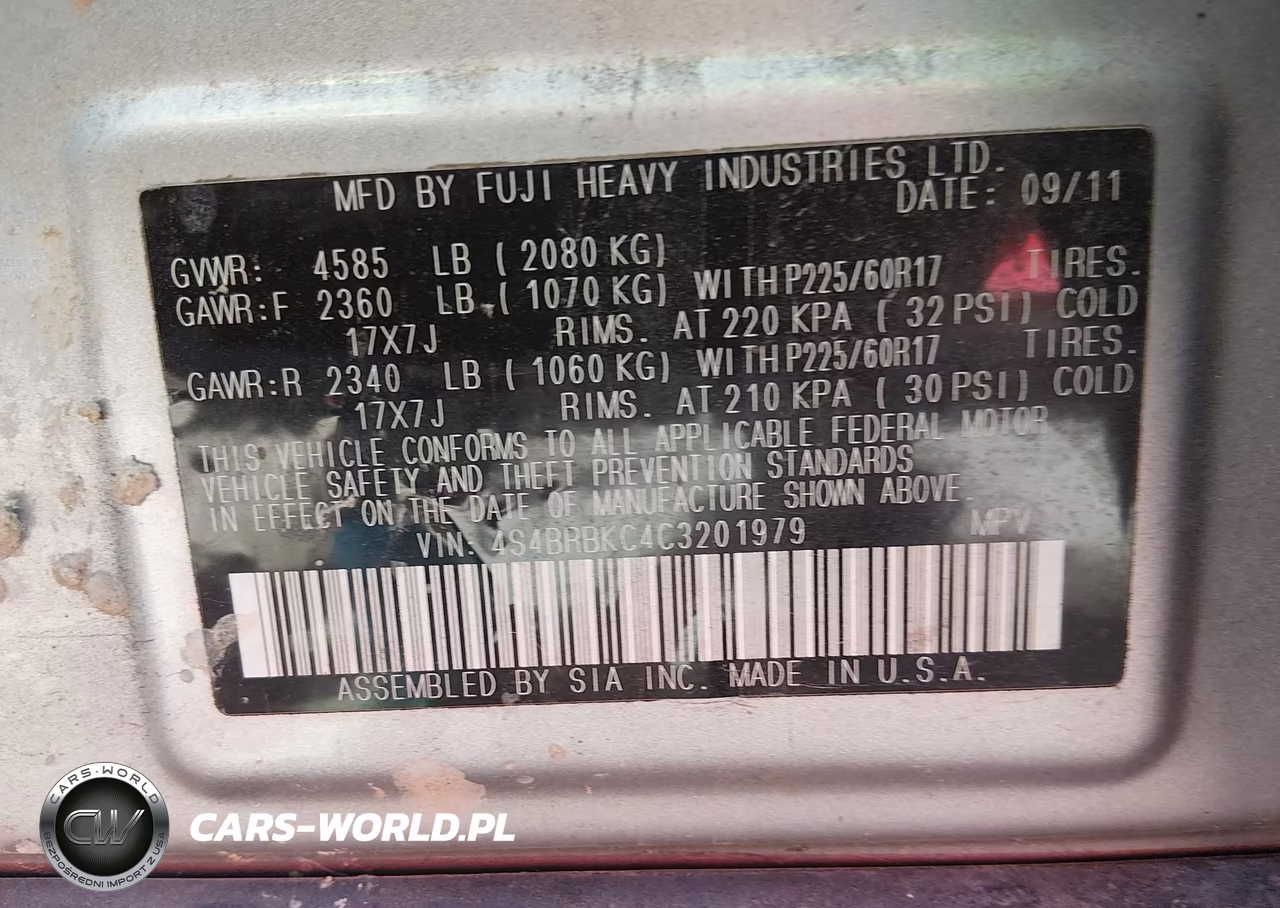 2012 Subaru Outback 2.5I Limited VIN:4S4BRBKC4C3201979 - 9