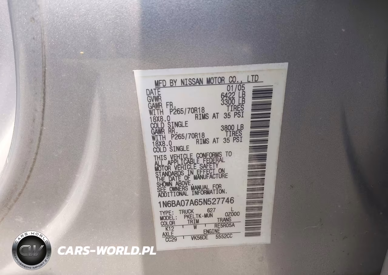 2005 Nissan Titan Se VIN:1N6BA07A65N527746 - 9