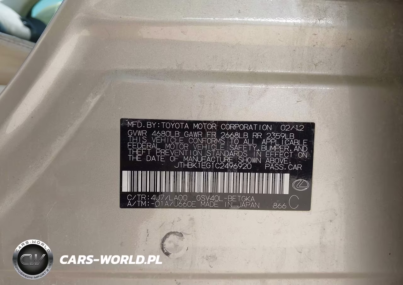 2012 Lexus Es 350 VIN:JTHBK1EG1C2496920 - 9