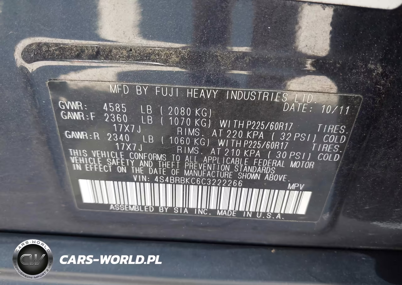 2012 Subaru Outback 2.5I Limited VIN:4S4BRBKC6C3222266 - 9