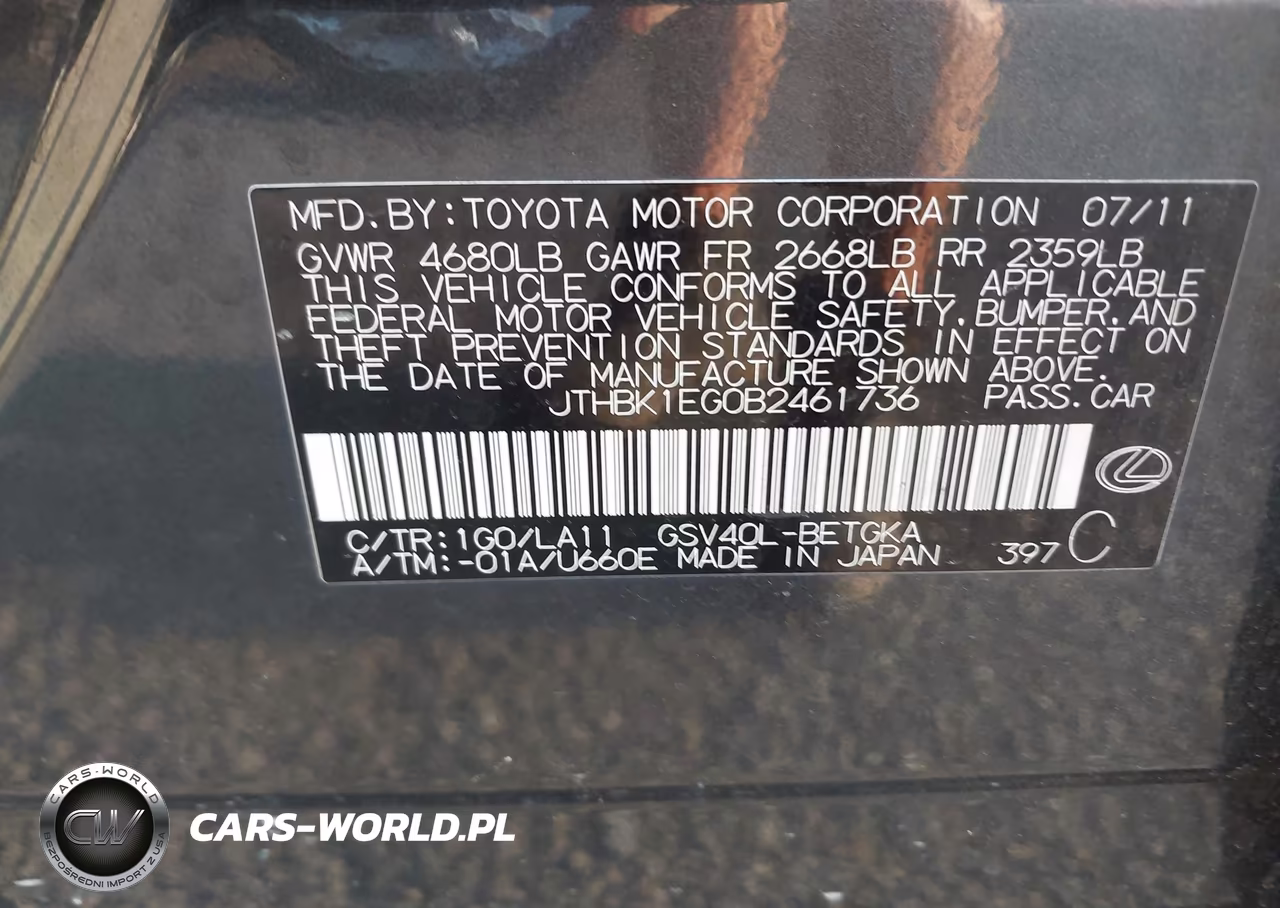 2011 Lexus Es 350 VIN:JTHBK1EG0B2461736 - 9