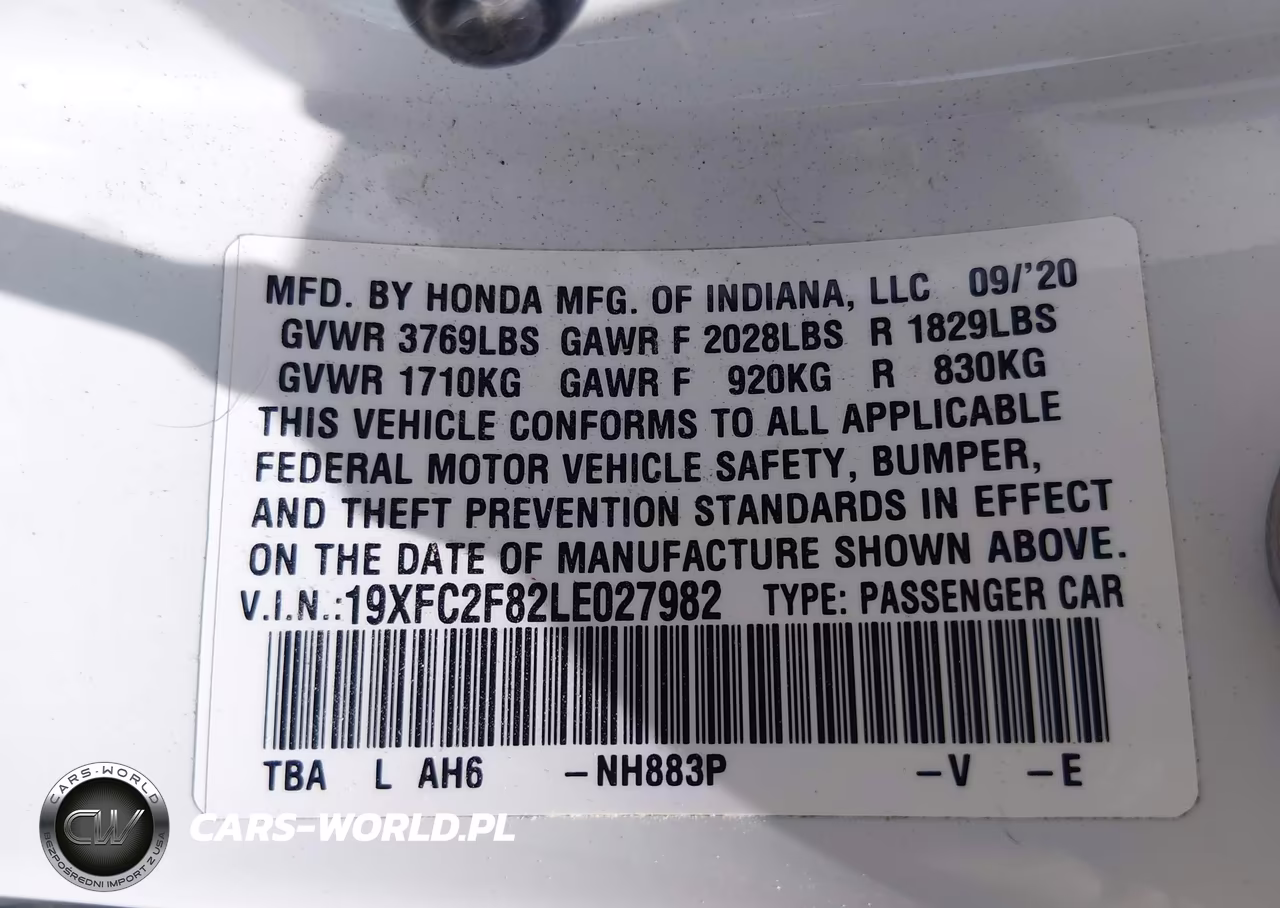 2020 Honda Civic Sport VIN:19XFC2F82LE027982 - 9