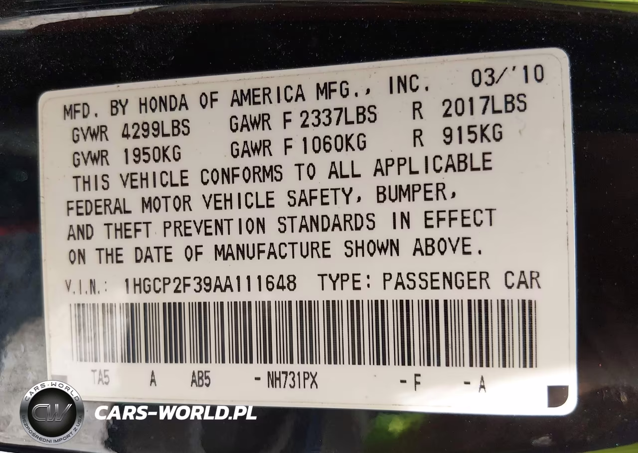 2010 Honda Accord 2.4 Lx VIN:1HGCP2F39AA111648 - 9