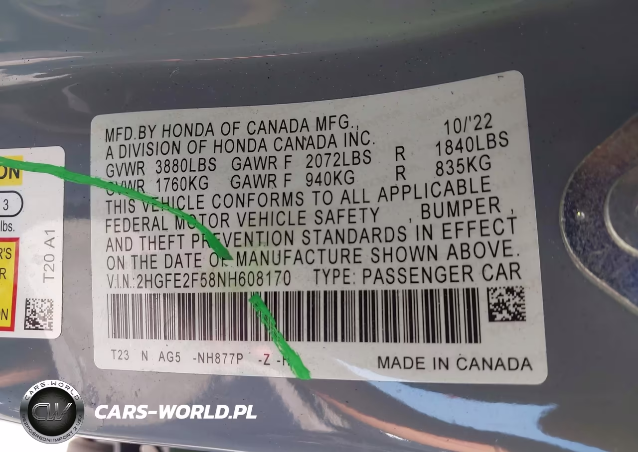 2022 Honda Civic Sport VIN:2HGFE2F58NH608170 - 9