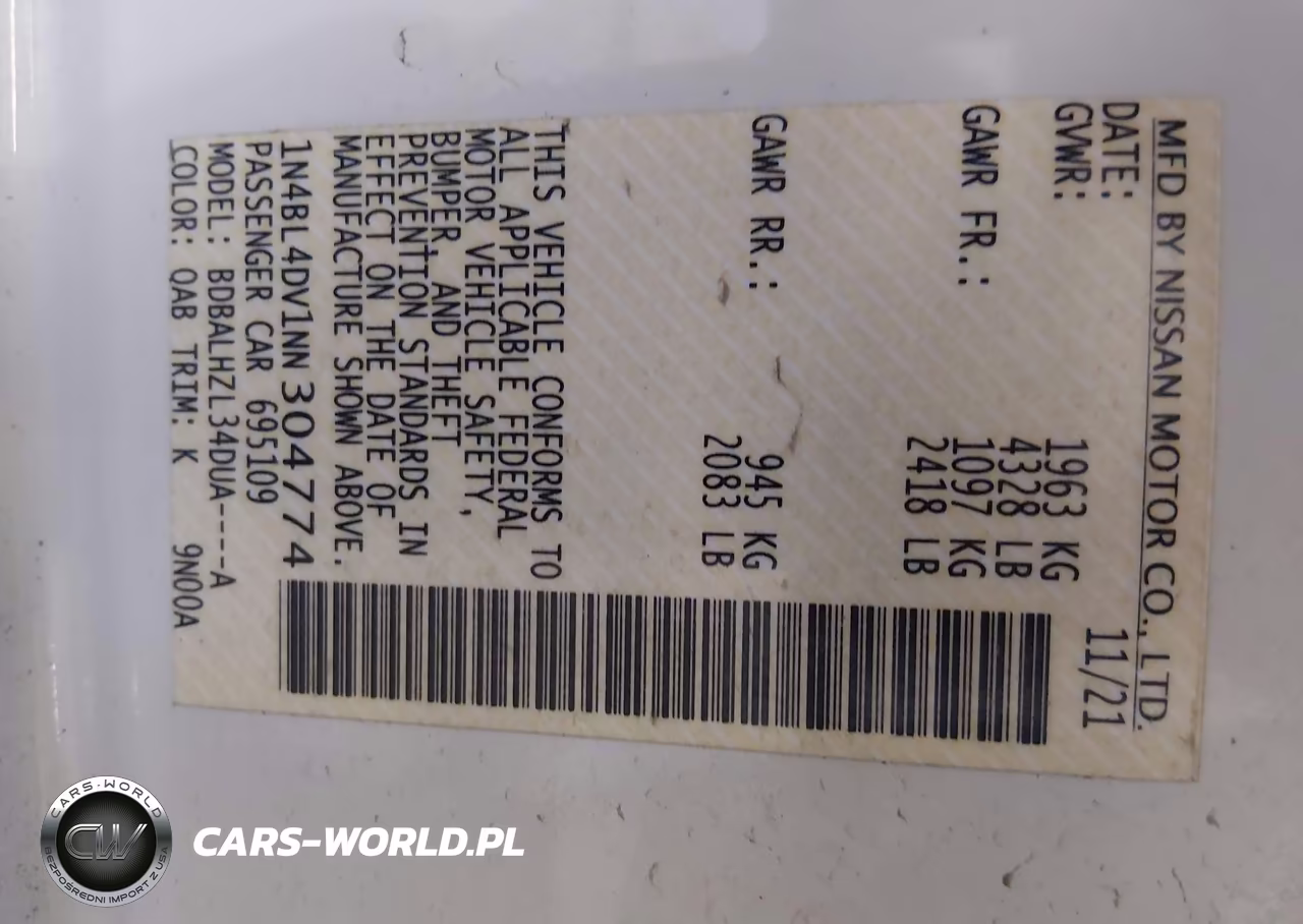 2022 Nissan Altima Sv Fwd VIN:1N4BL4DV1NN304774 - 9