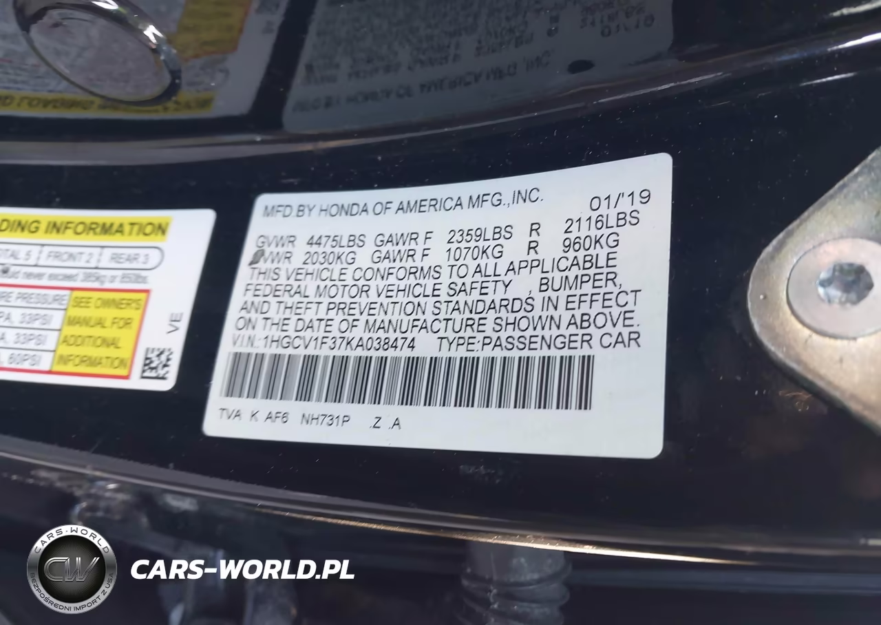 2019 Honda Accord Sport VIN:1HGCV1F37KA038474 - 9