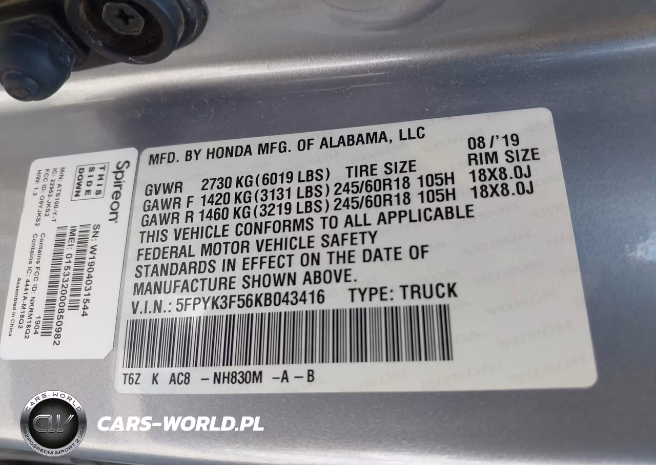 2019 Honda Ridgeline Rtl VIN:5FPYK3F56KB043416 - 9