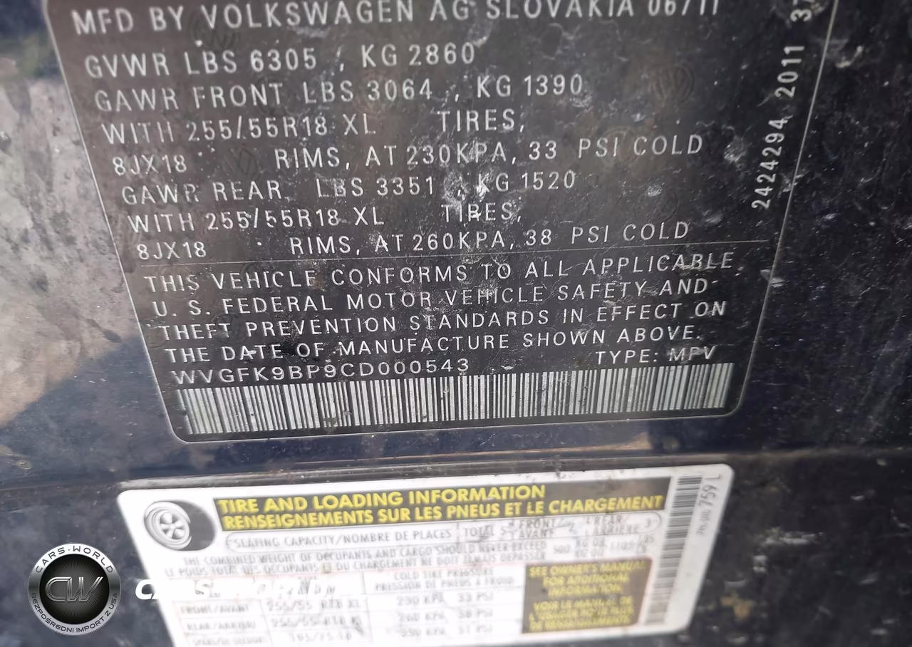 2012 Volkswagen Touareg Tdi Sport VIN:WVGFK9BP9CD000543 - 9