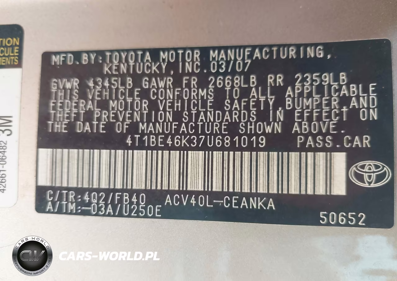2007 Toyota Camry Ce VIN:4T1BE46K37U681019 - 9