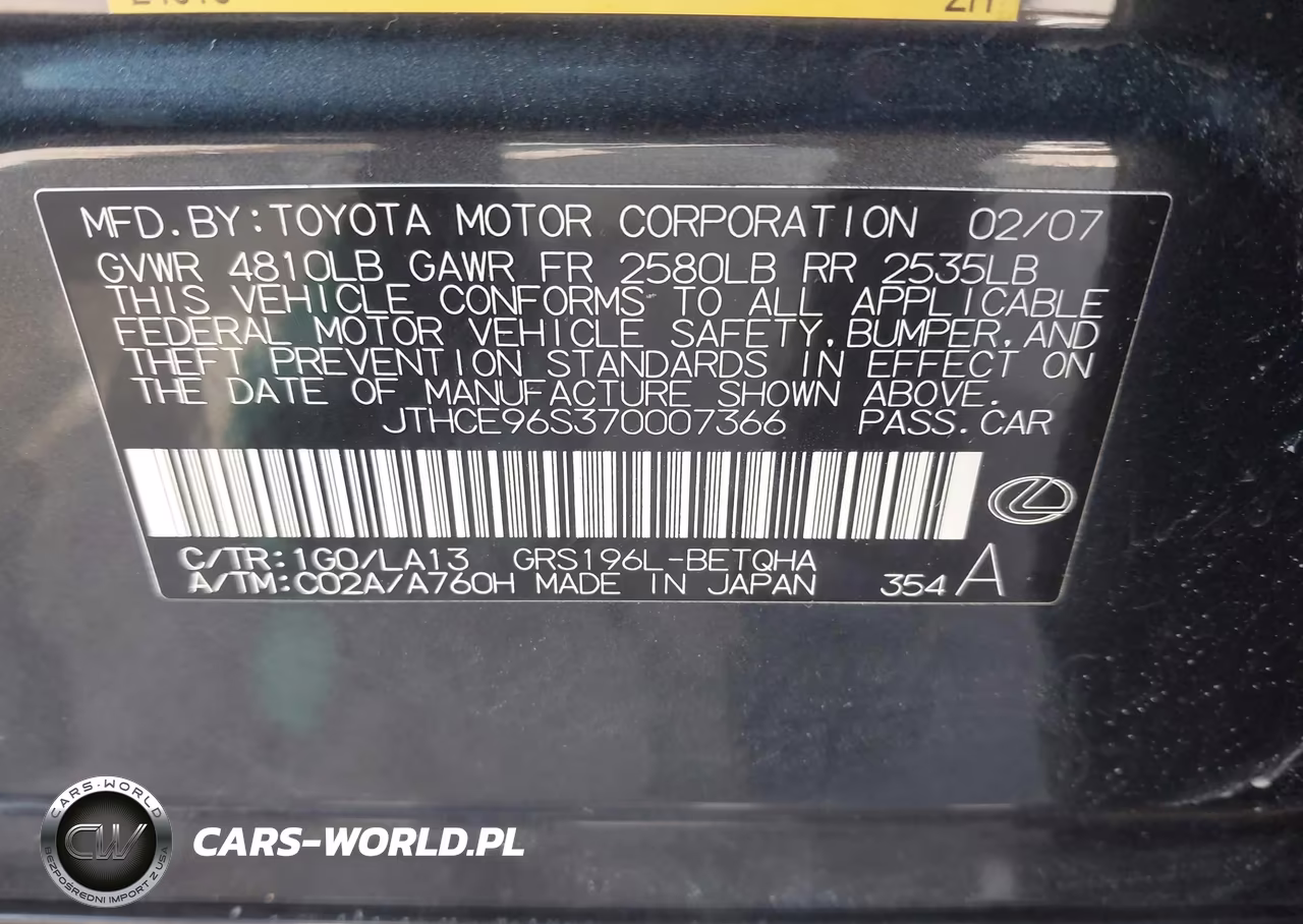 2007 Lexus Gs 350 VIN:JTHCE96S370007366 - 9