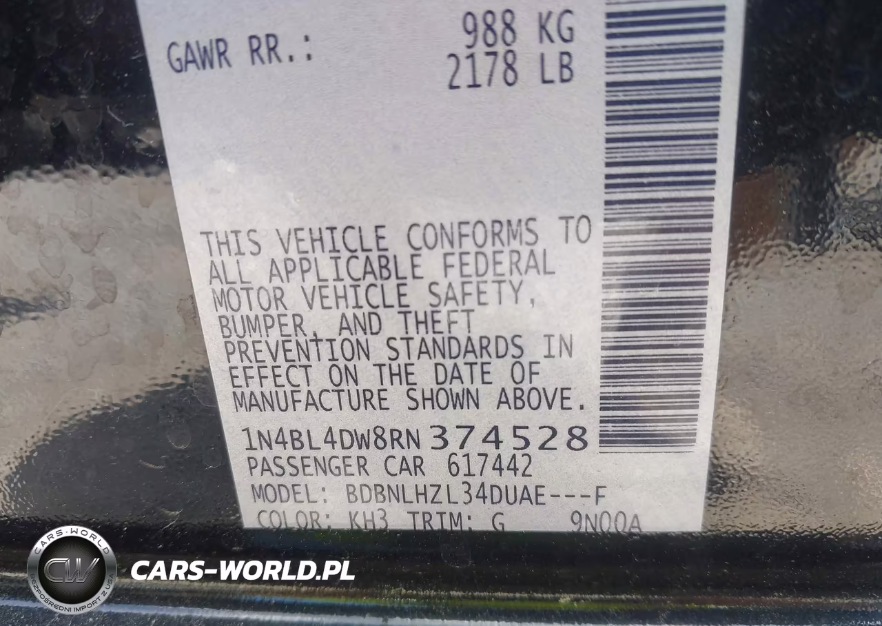 2024 Nissan Altima Sv Intelligent Awd VIN:1N4BL4DW8RN374528 - 9