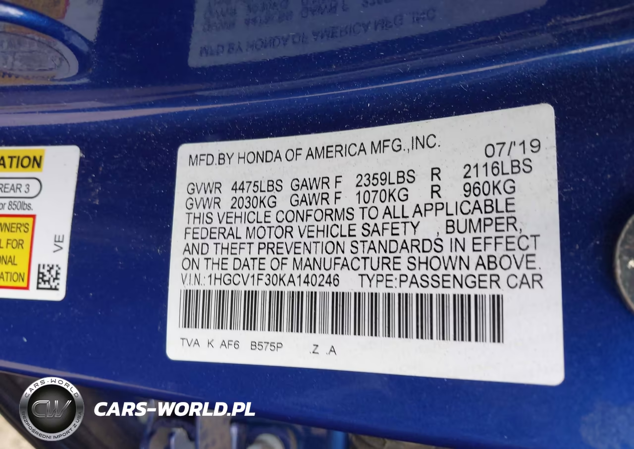 2019 Honda Accord Sport VIN:1HGCV1F30KA140246 - 9