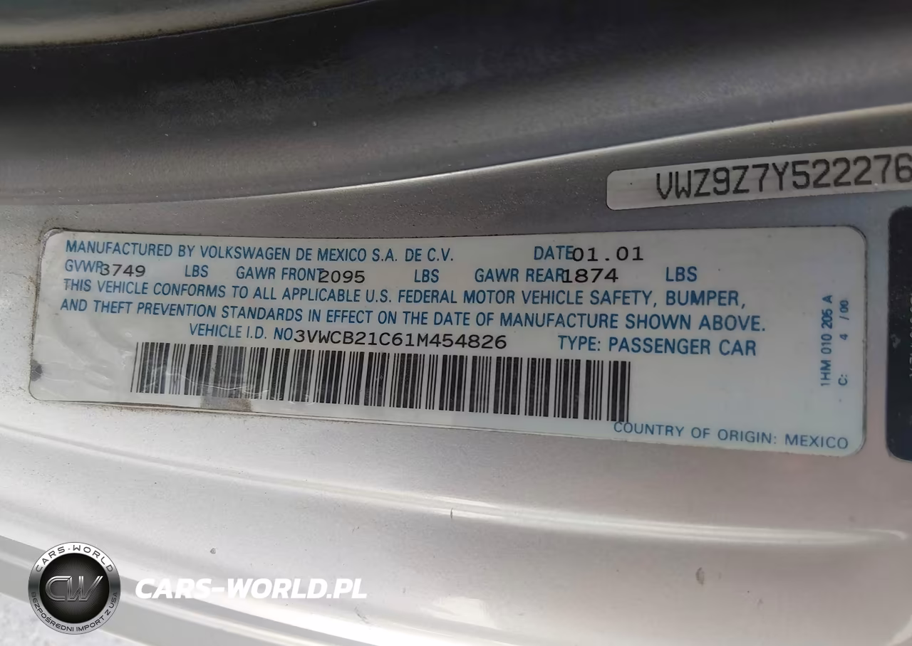 2001 Volkswagen New Beetle Gls VIN:3VWCB21C61M454826 - 9