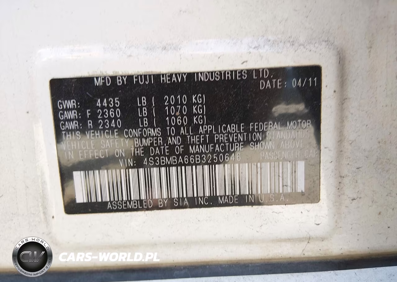 2011 Subaru Legacy 2.5I VIN:4S3BMBA66B3250646 - 9
