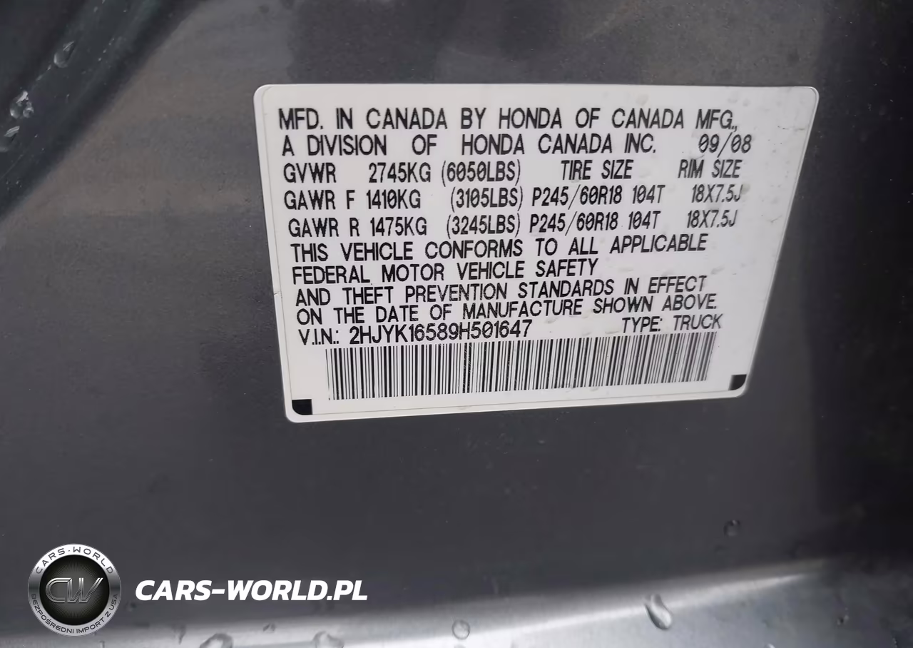 2009 Honda Ridgeline Rtl VIN:2HJYK16589H501647 - 9