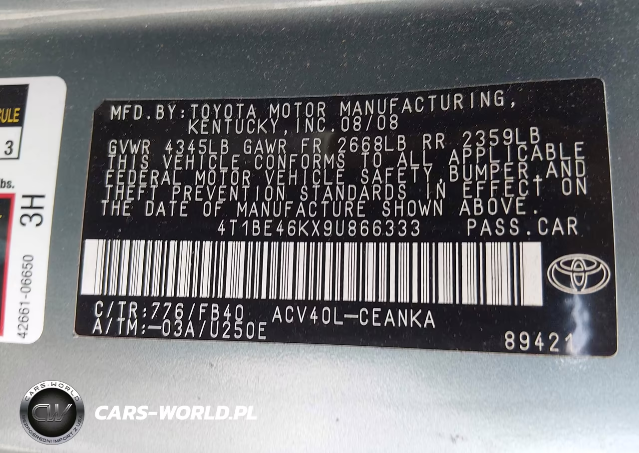 2009 Toyota Camry Le VIN:4T1BE46KX9U866333 - 9