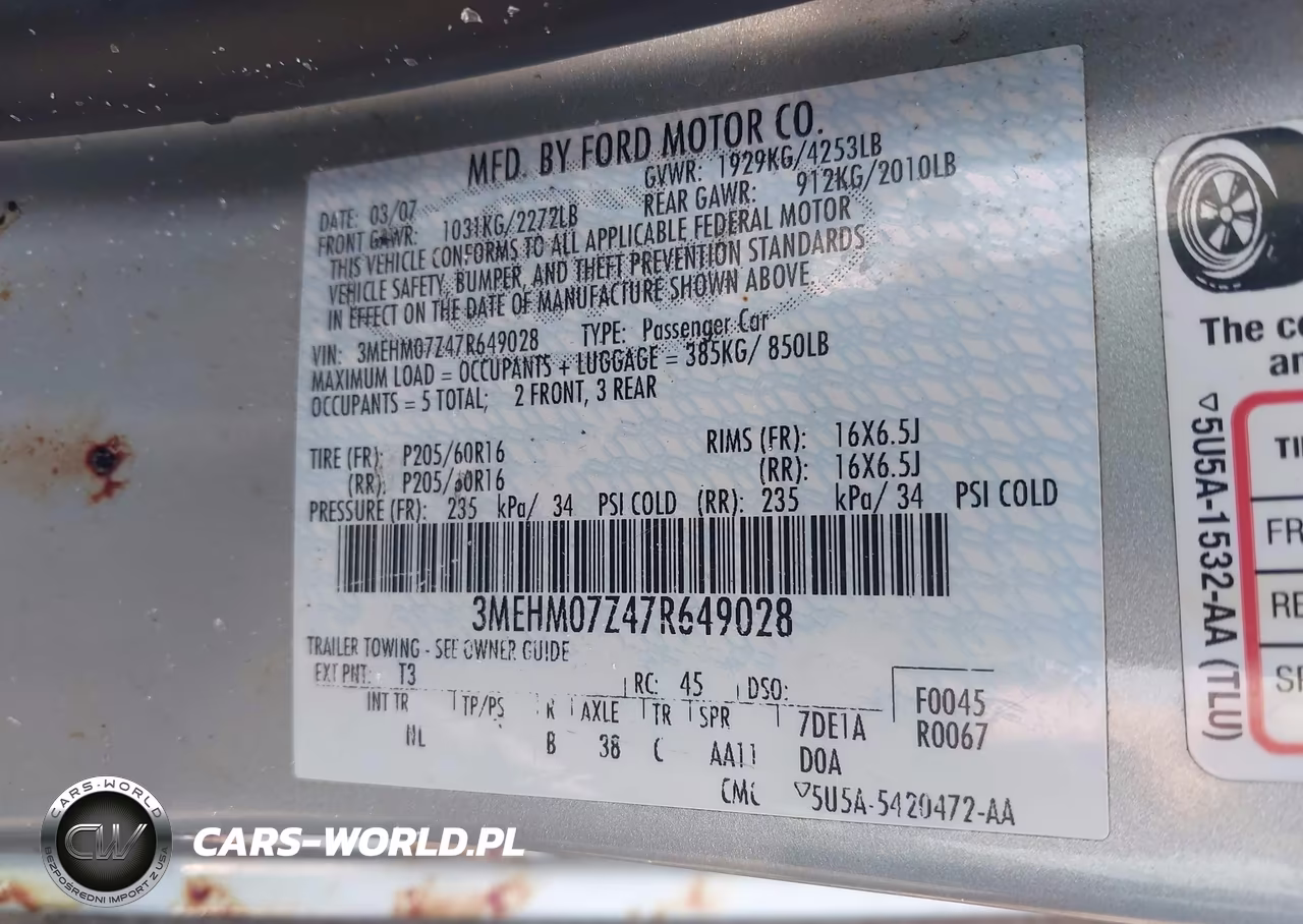 2007 Mercury Milan I4 (100A) VIN:3MEHM07Z47R649028 - 9