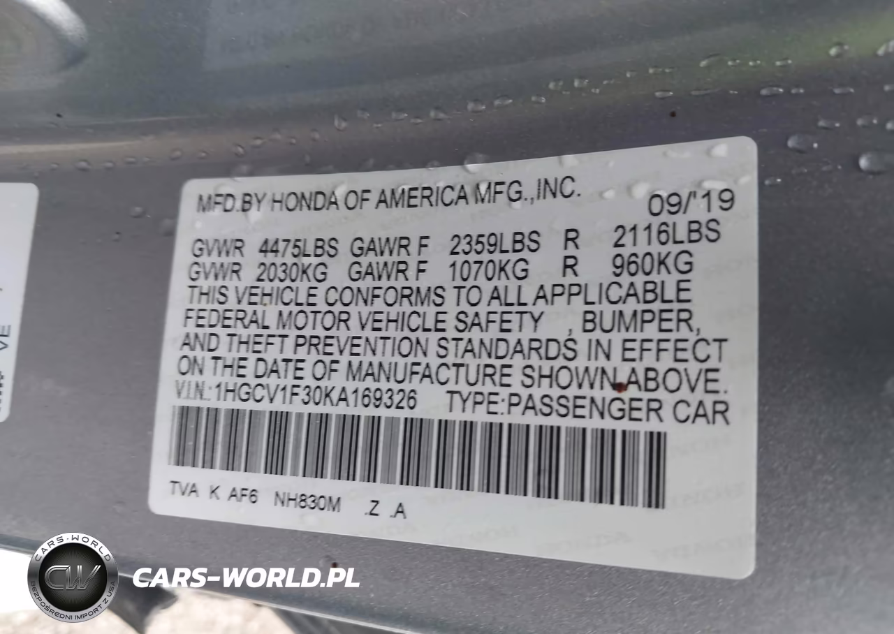 2019 Honda Accord Sport VIN:1HGCV1F30KA169326 - 9