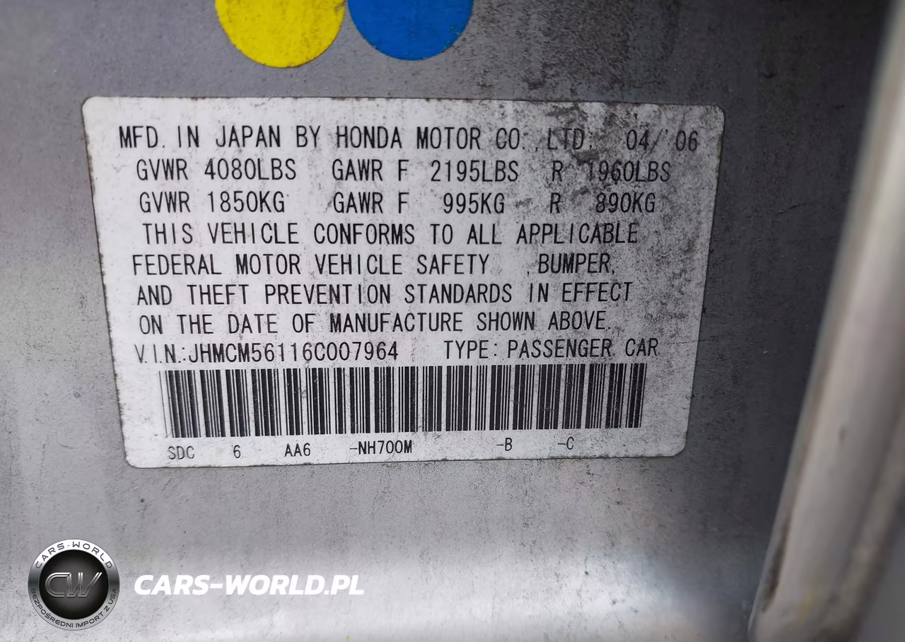 2006 Honda Accord 2.4 Vp VIN:JHMCM56116C007964 - 9