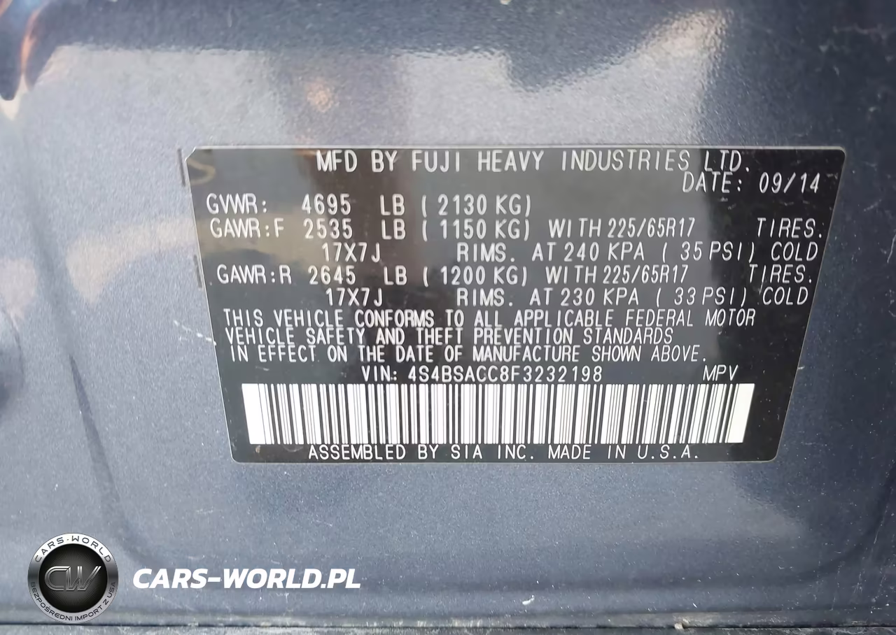 2015 Subaru Outback 2.5I Premium VIN:4S4BSACC8F3232198 - 9