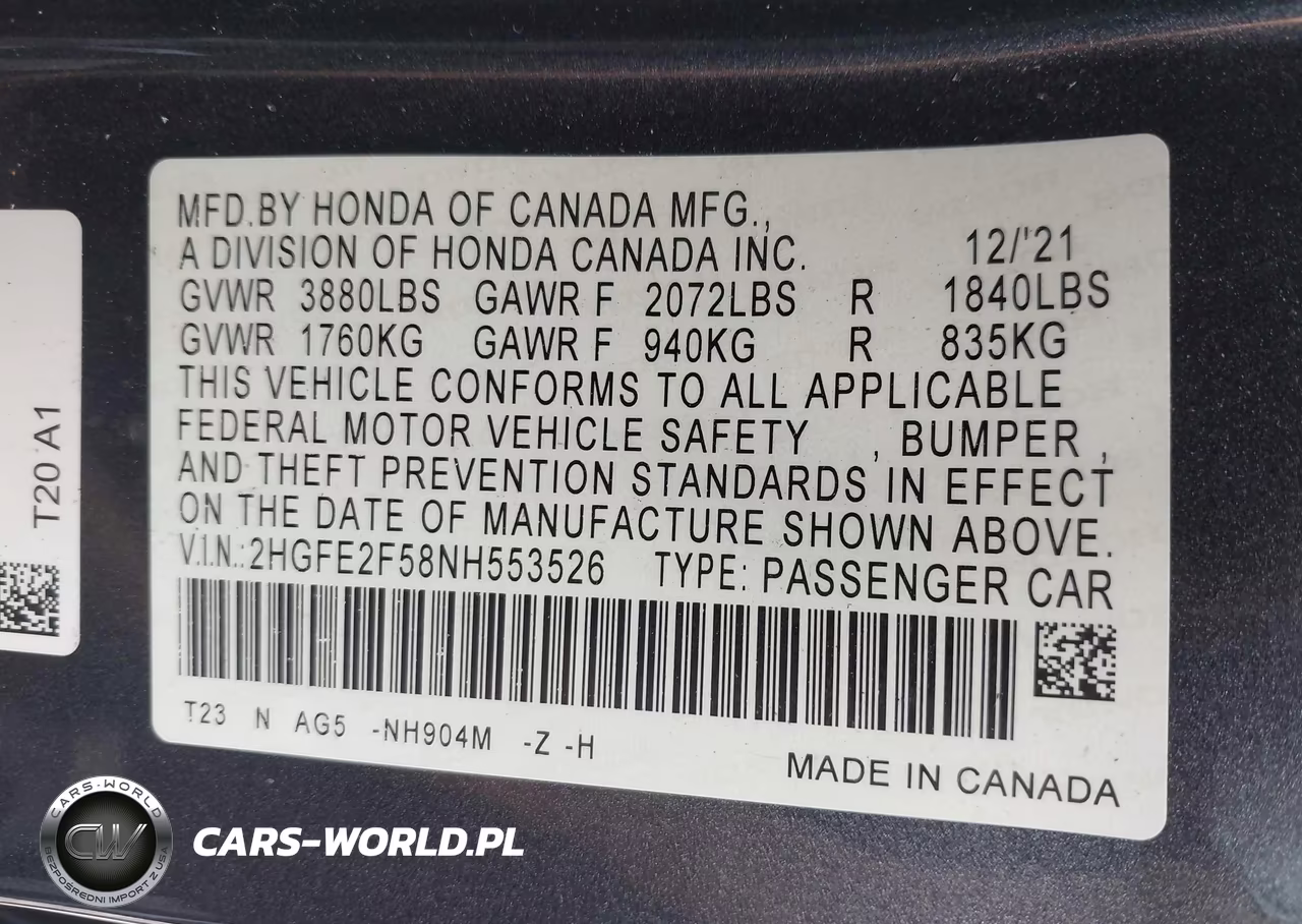 2022 Honda Civic Sport VIN:2HGFE2F58NH553526 - 9