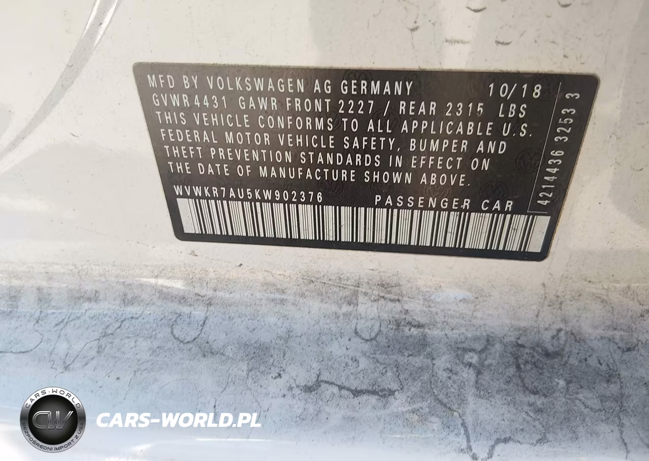 2019 Volkswagen E-Golf Se VIN:WVWKR7AU5KW902376 - 9