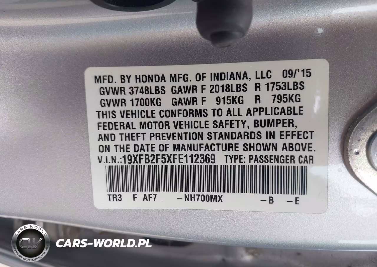 2015 Honda Civic Lx VIN:19XFB2F5XFE112369 - 9