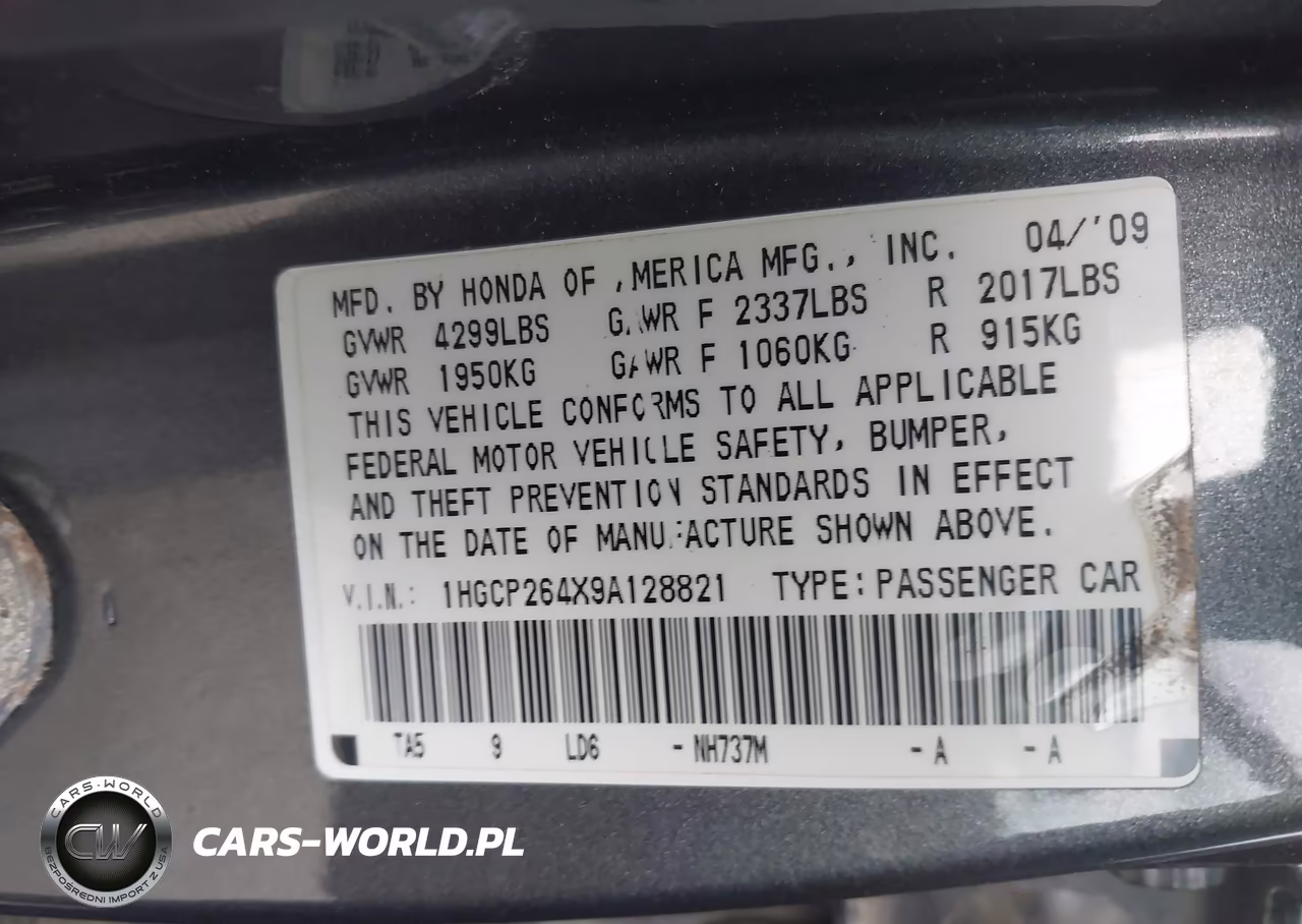 2009 Honda Accord 2.4 Lx-P VIN:1HGCP264X9A128821 - 9