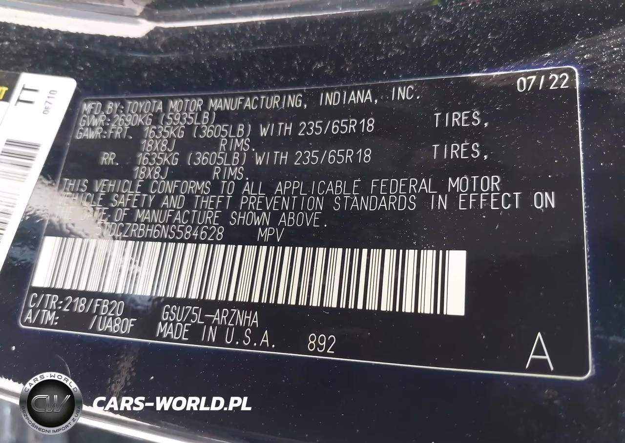2022 Toyota Highlander L VIN:5TDCZRBH6NS584628 - 9