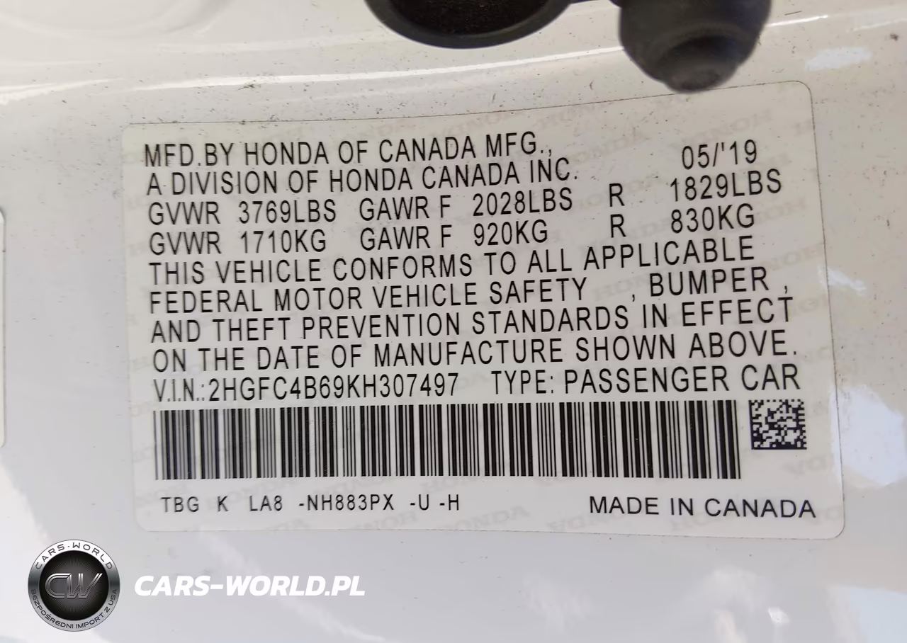 2019 Honda Civic Lx VIN:2HGFC4B69KH307497 - 9