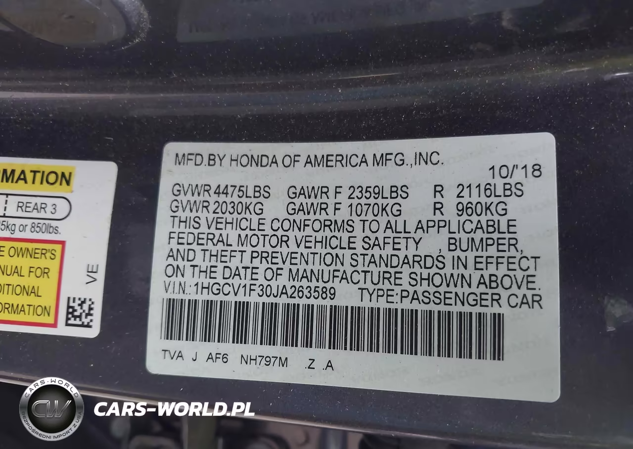 2018 Honda Accord Sport VIN:1HGCV1F30JA263589 - 9