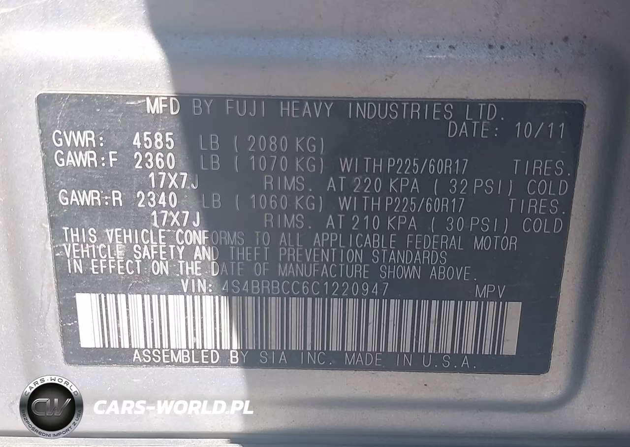 2012 Subaru Outback 2.5I Premium VIN:4S4BRBCC6C1220947 - 9