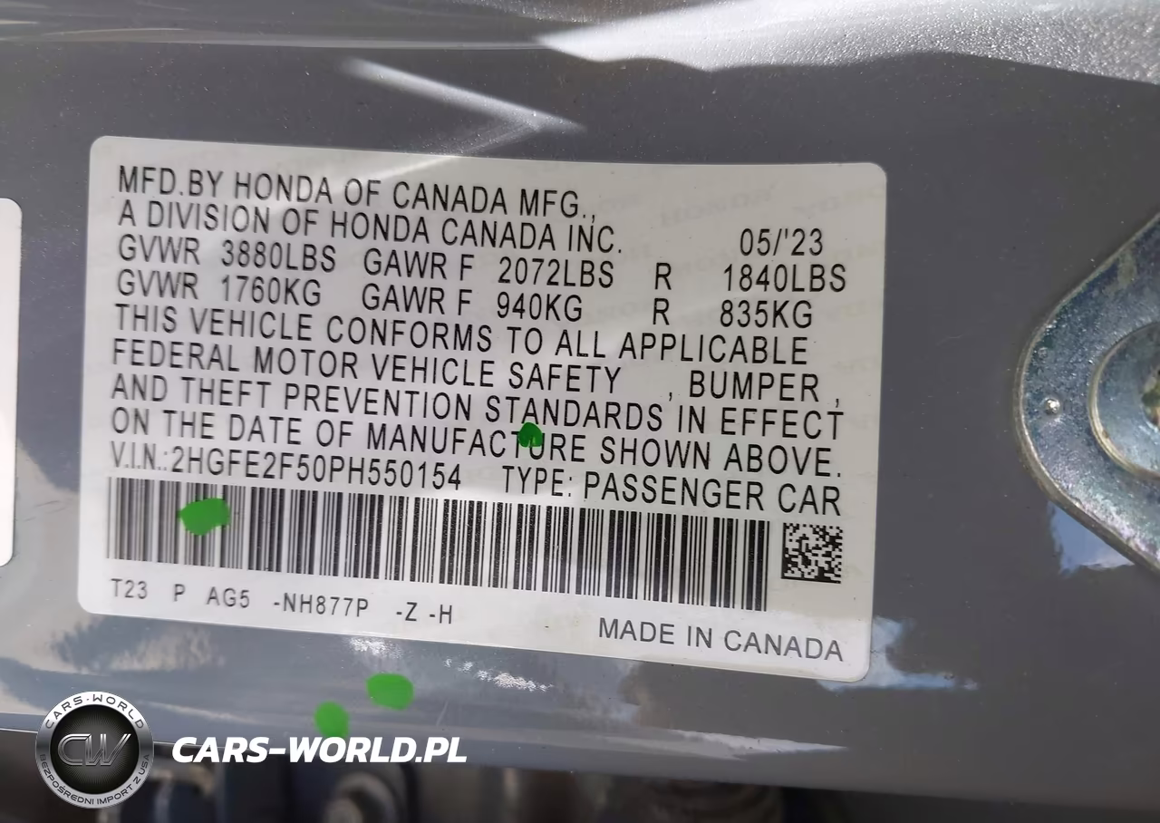2023 Honda Civic Sport VIN:2HGFE2F50PH550154 - 9