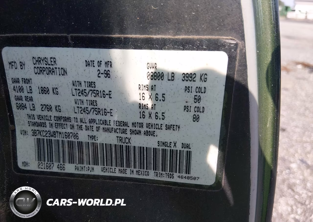 1996 Dodge Ram 2500 VIN:3B7KC23W8TM160706 - 9