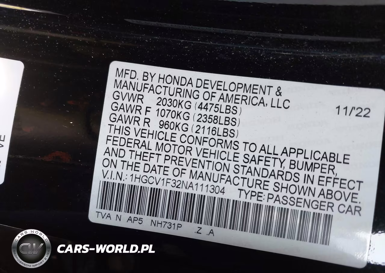 2022 Honda Accord Sport VIN:1HGCV1F32NA111304 - 9