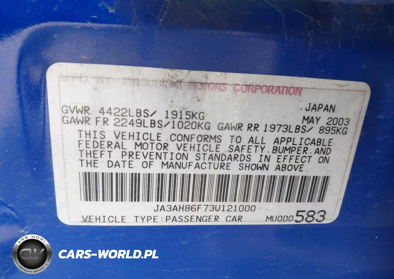 2003 Mitsubishi Lancer Evolution VIN:JA3AH86F73U121000 - 9