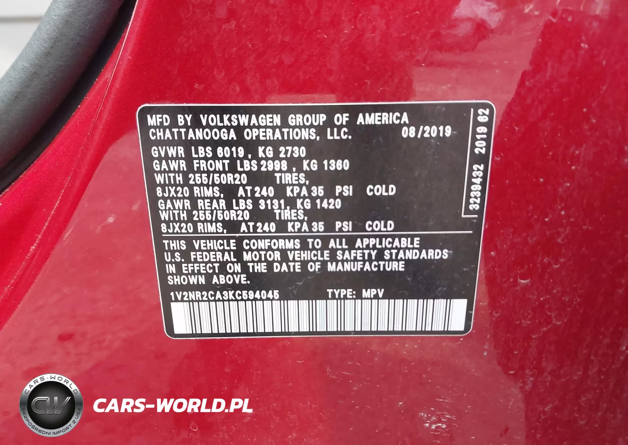 2019 Volkswagen Atlas 3.6L V6 Sel Premium VIN:1V2NR2CA3KC594045 - 9