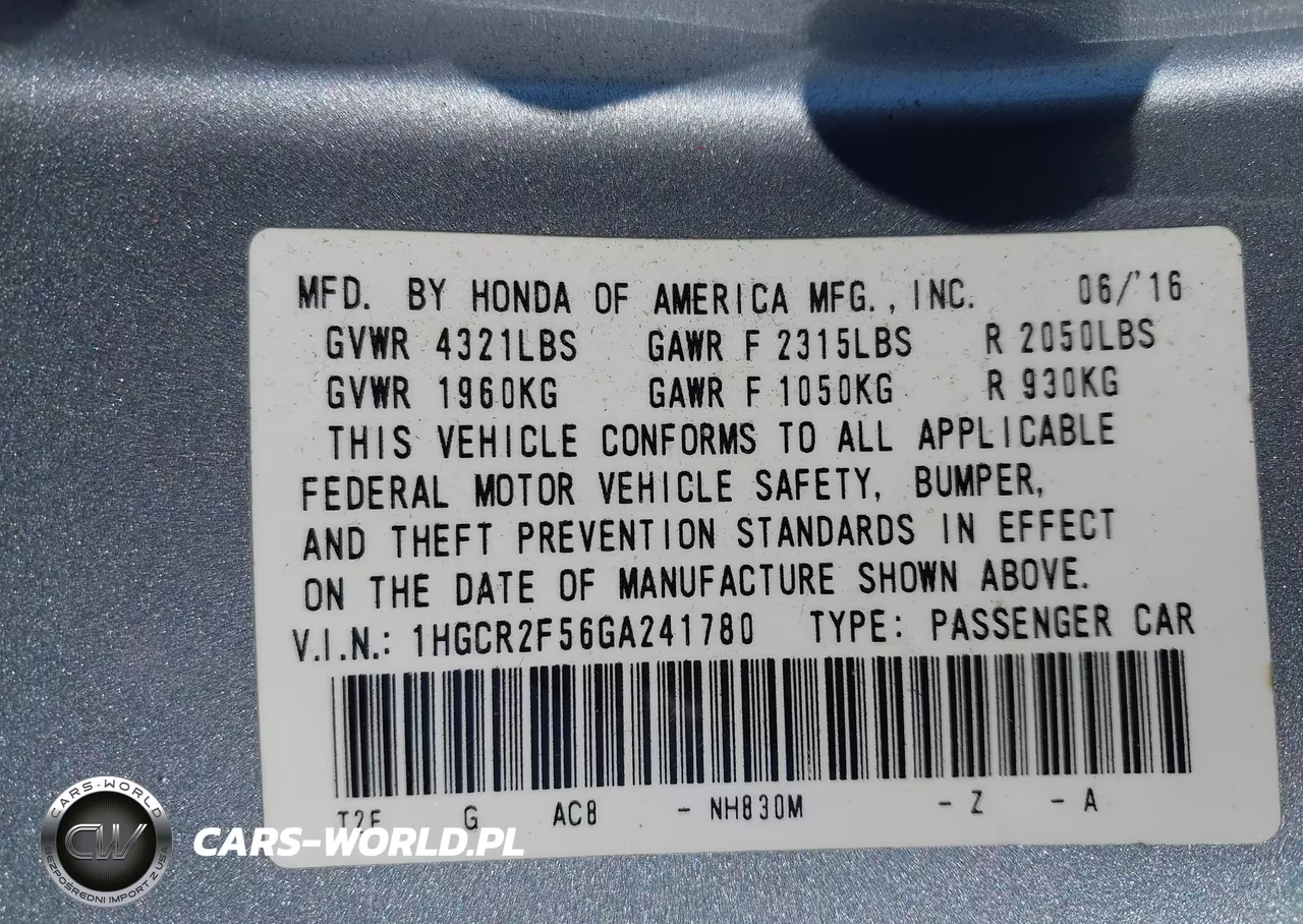 2016 Honda Accord Sport VIN:1HGCR2F56GA241780 - 9