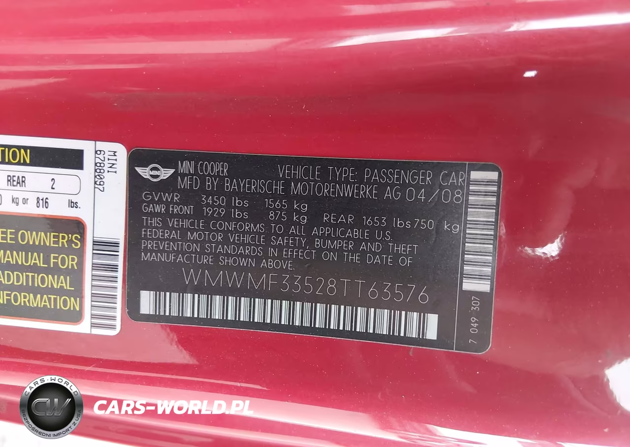 2008 Mini Cooper Hardtop VIN:WMWMF33528TT63576 - 9