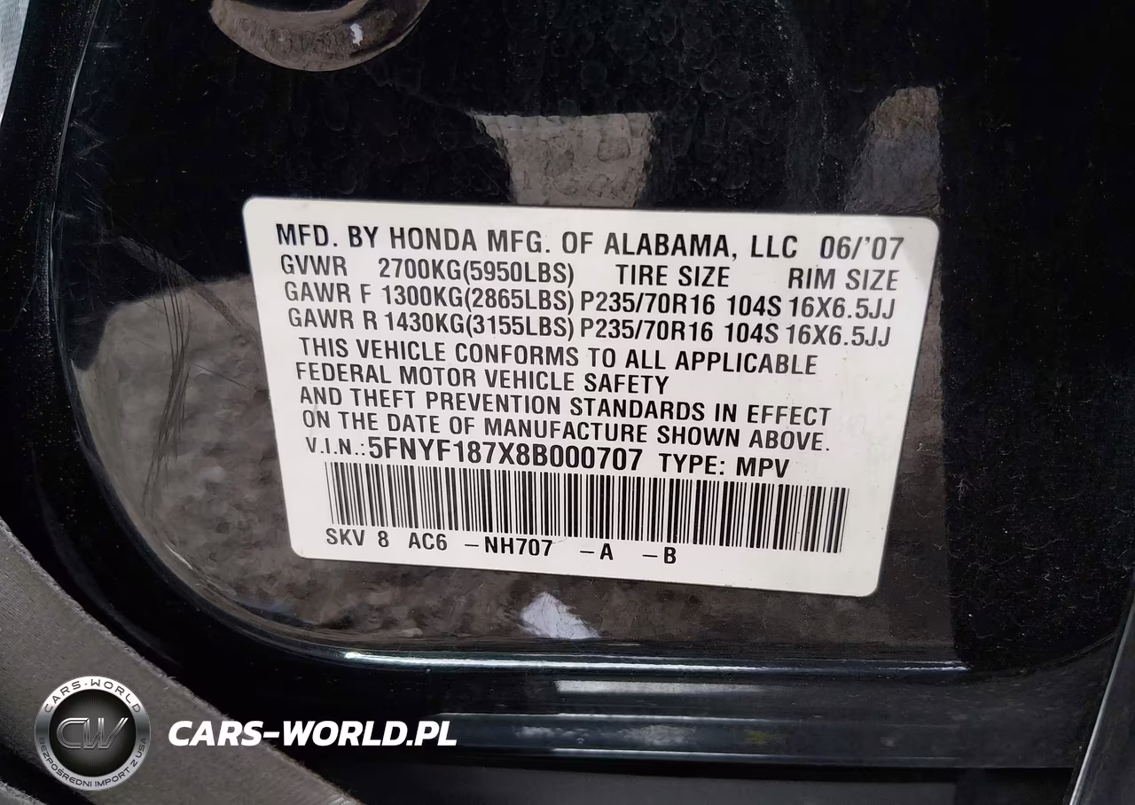 2008 Honda Pilot Ex-L VIN:5FNYF187X8B000707 - 9