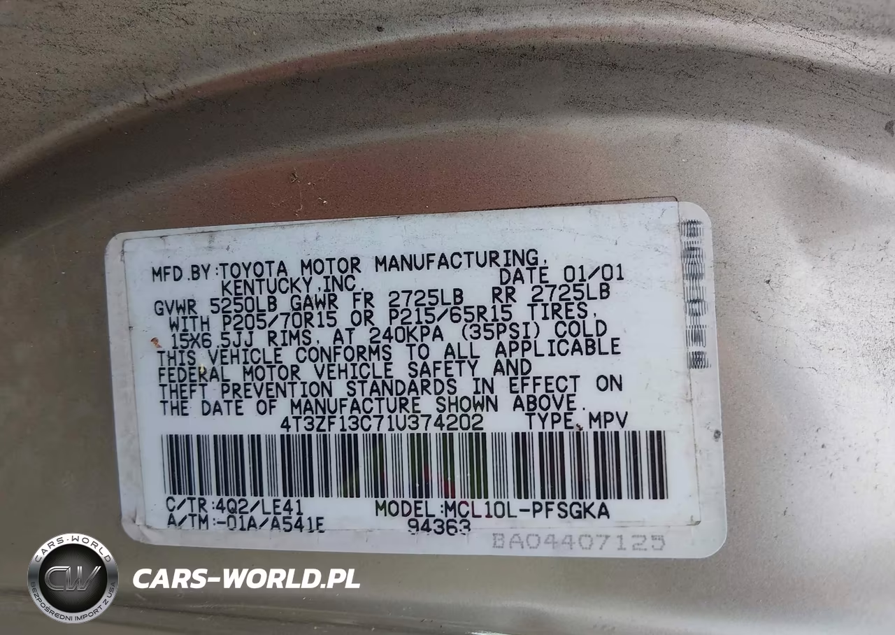 2001 Toyota Sienna Xle VIN:4T3ZF13C71U374202 - 9