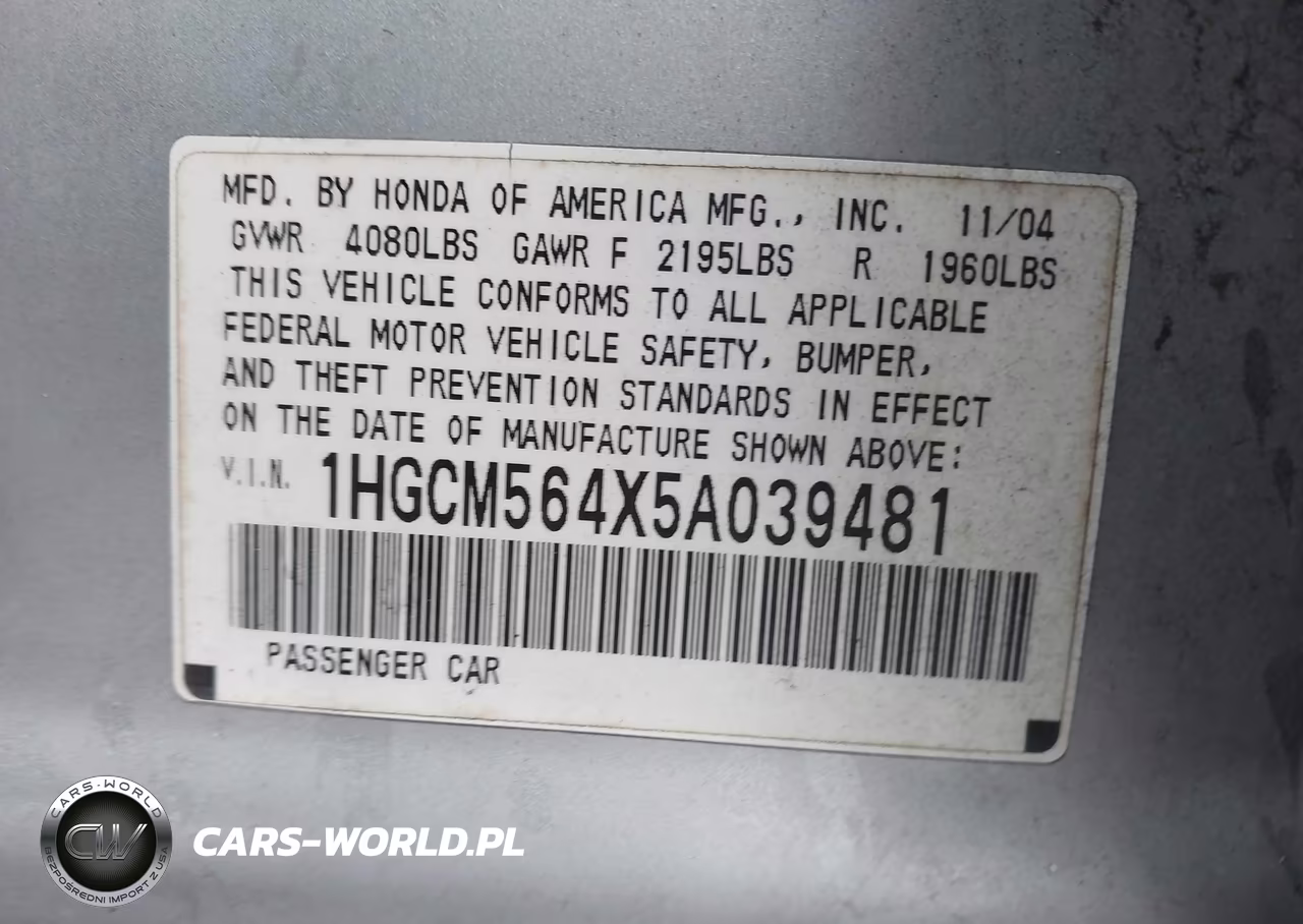 2005 Honda Accord 2.4 Lx VIN:1HGCM564X5A039481 - 9