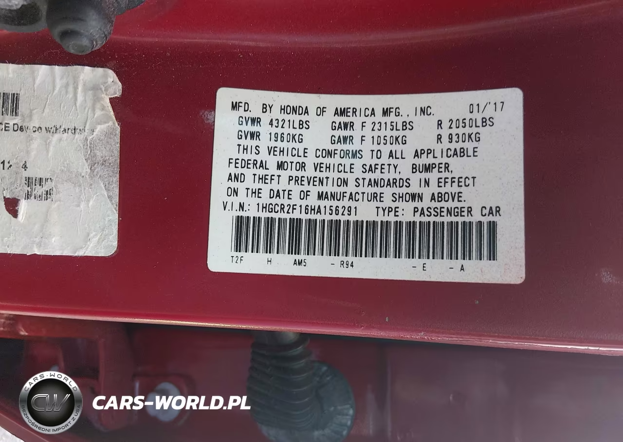 HONDA ACCORD VIN:1HGCR2F16HA156291 - 9