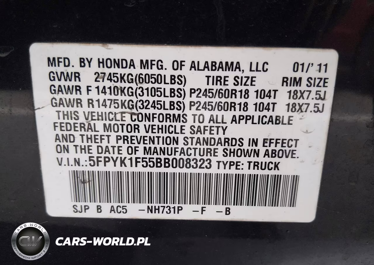 2011 Honda Ridgeline Rtl VIN:5FPYK1F55BB008323 - 9