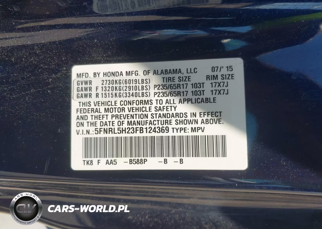 HONDA ODYSSEY LX VIN:5FNRL5H23FB124369 - 9