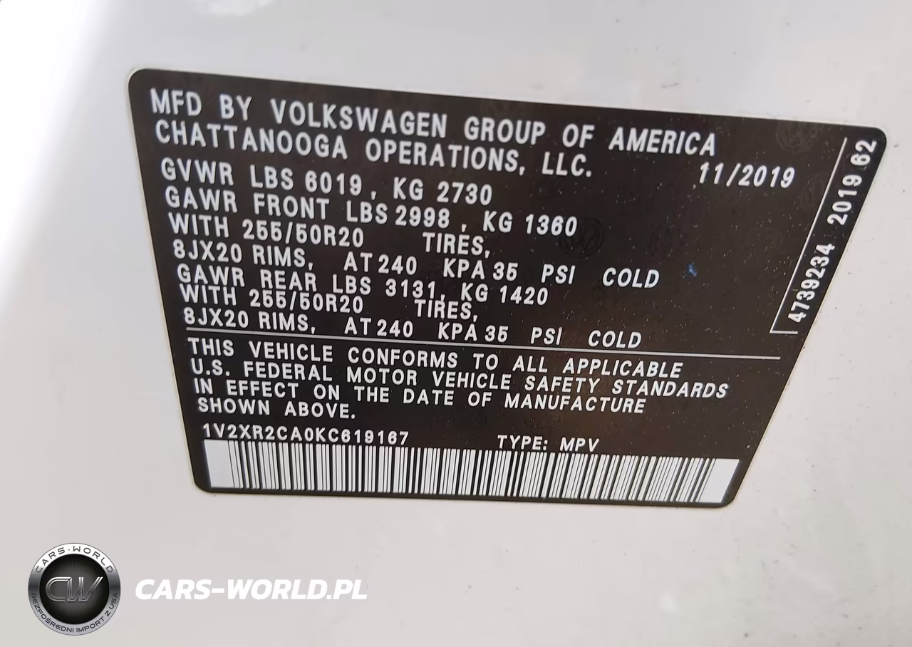 2019 Volkswagen Atlas Se VIN:1V2XR2CA0KC619167 - 9