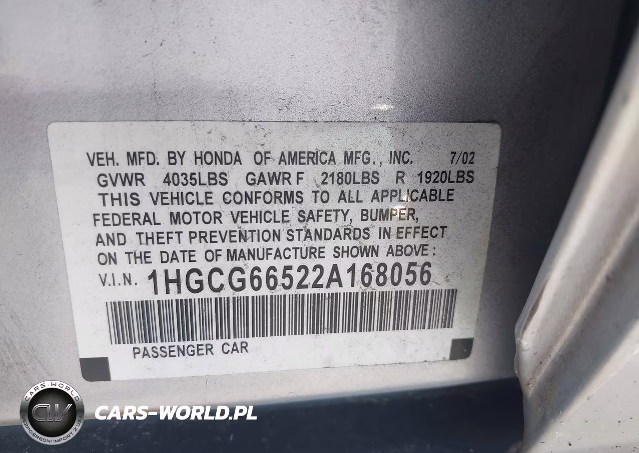 2002 Honda Accord 2.3 Lx VIN:1HGCG66522A168056 - 9