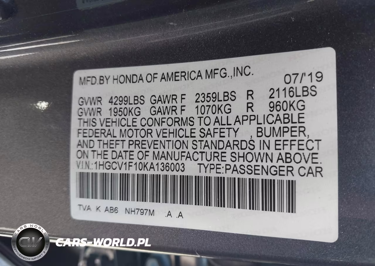 2019 Honda Accord Lx VIN:1HGCV1F10KA136003 - 9