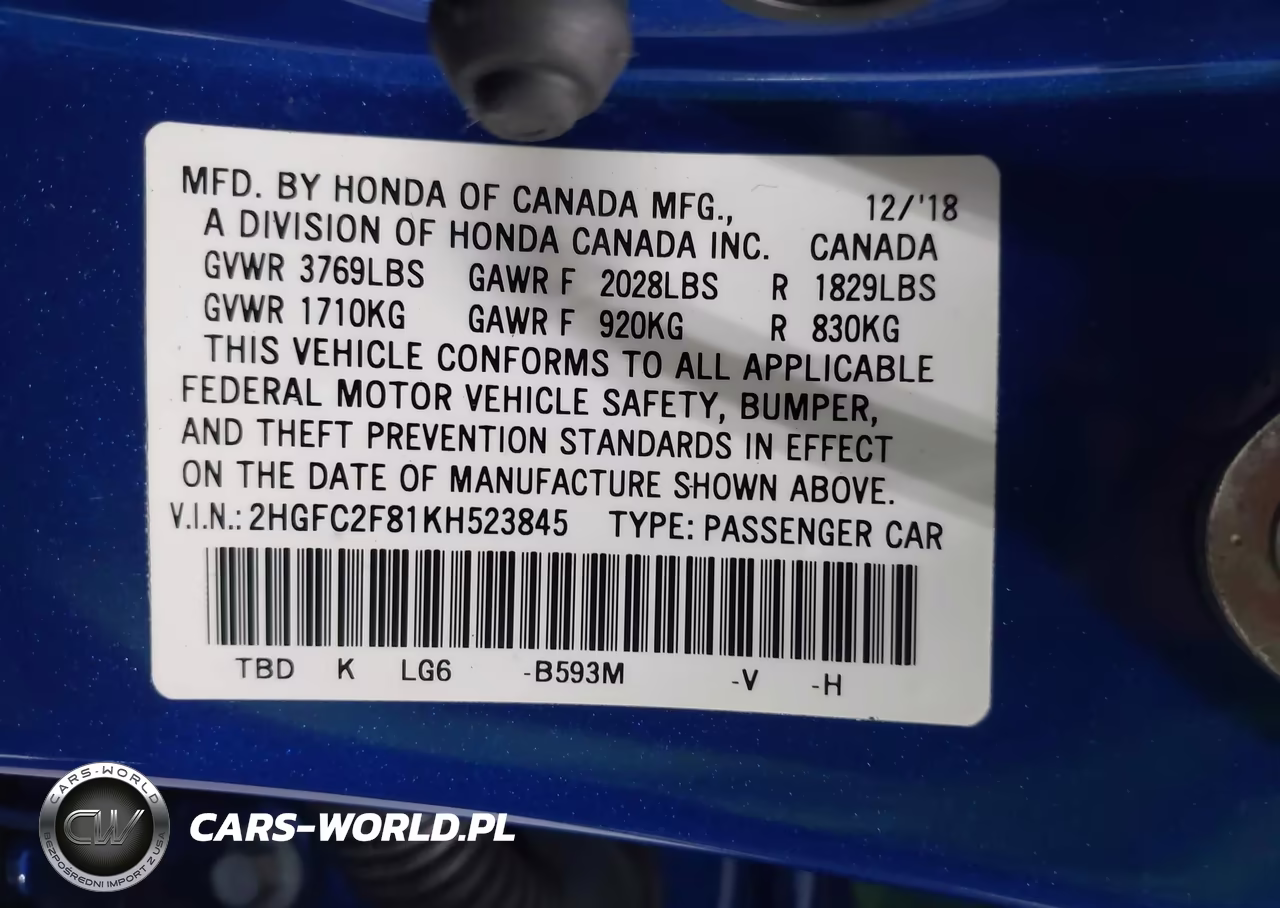 2019 Honda Civic Sport VIN:2HGFC2F81KH523845 - 9